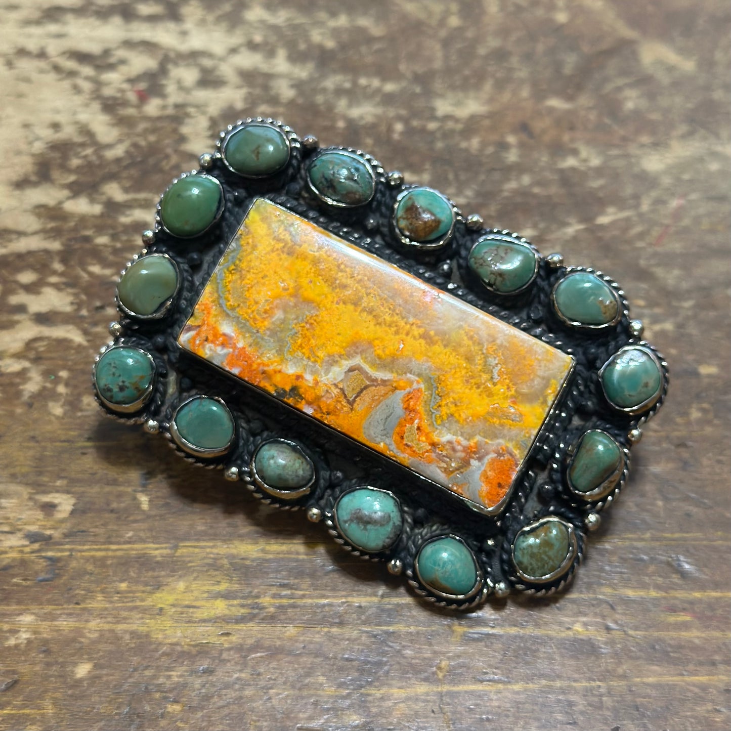Green Turquoise & Orange Rectangle Stone Coin Silver Belt Buckle