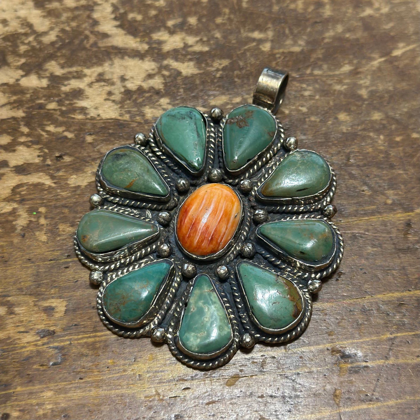Turquoise & Orange Flower Coin Silver Pendant