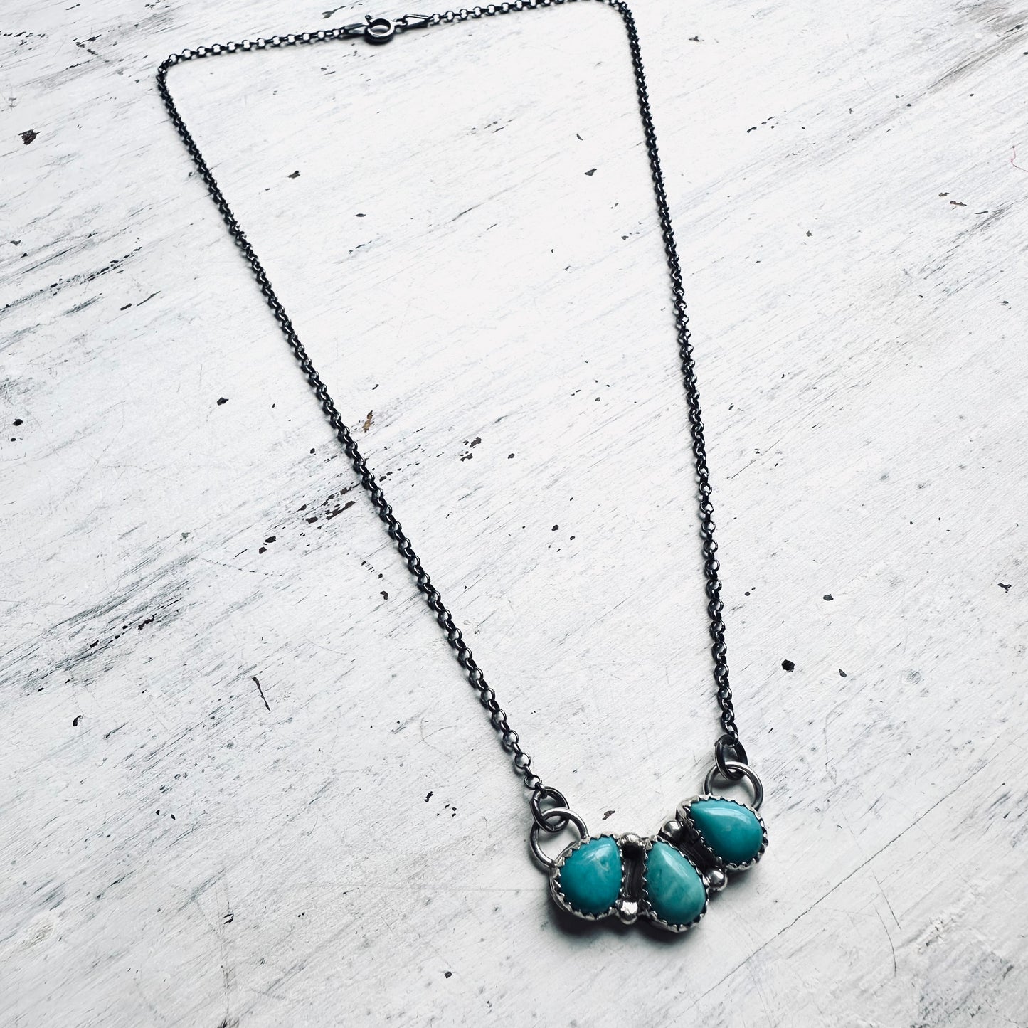 16" Sterling & 3 Teardrop Turquoise Stone Necklace