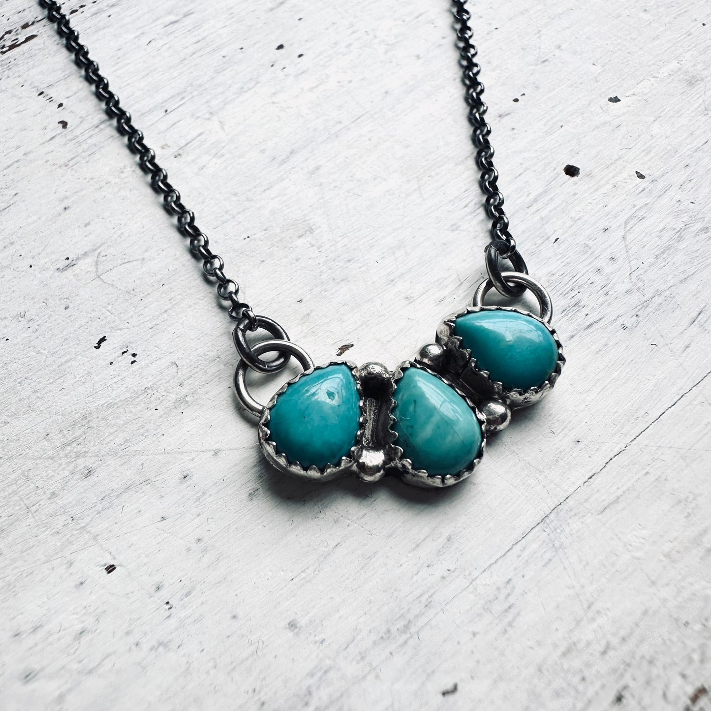 16" Sterling & 3 Teardrop Turquoise Stone Necklace