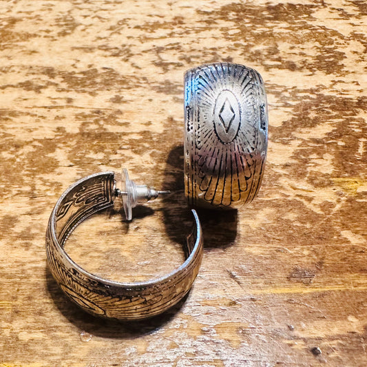 Aztec Burst Stamped Silver Hoops