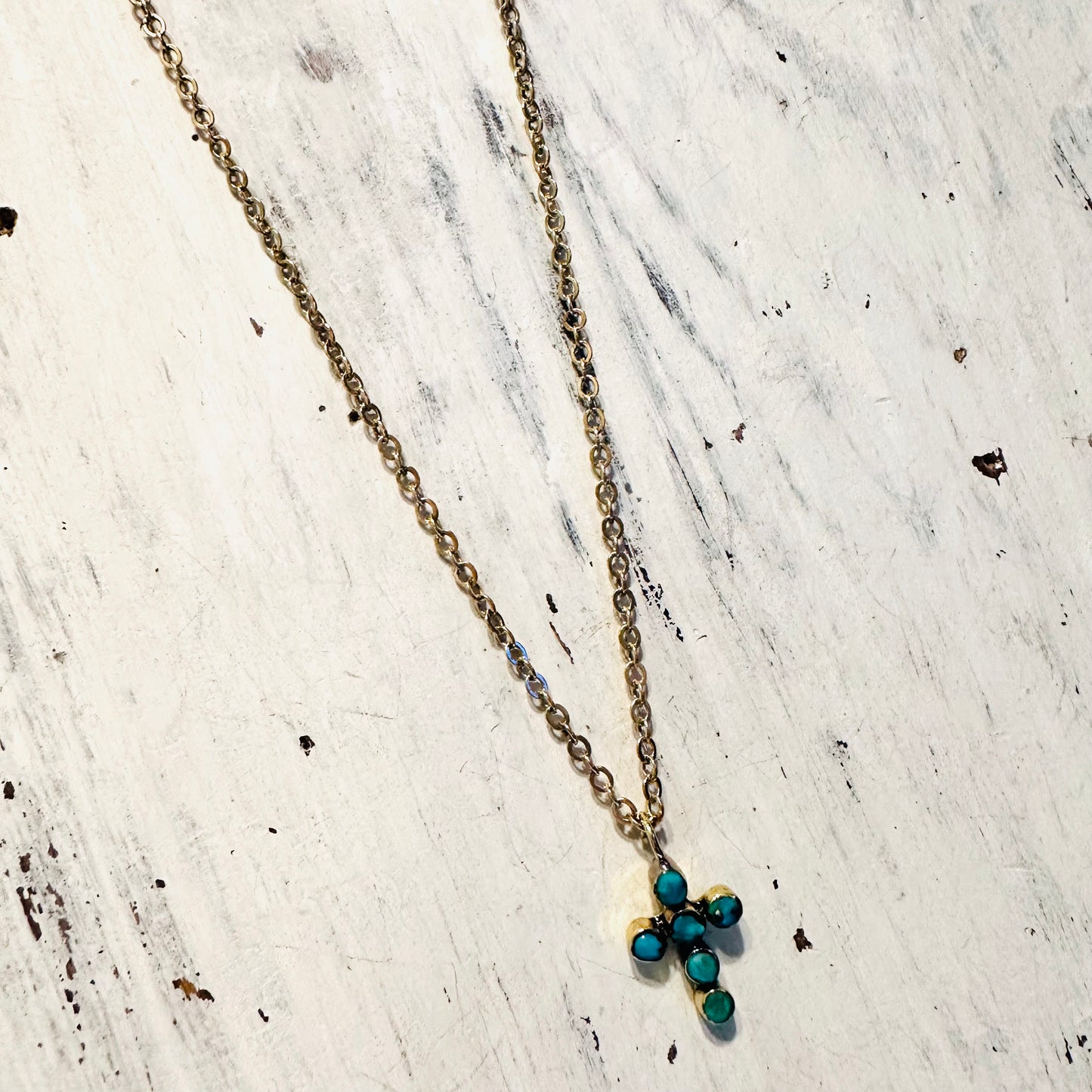 Brass & Turquoise Mini Bubble Cross Necklace