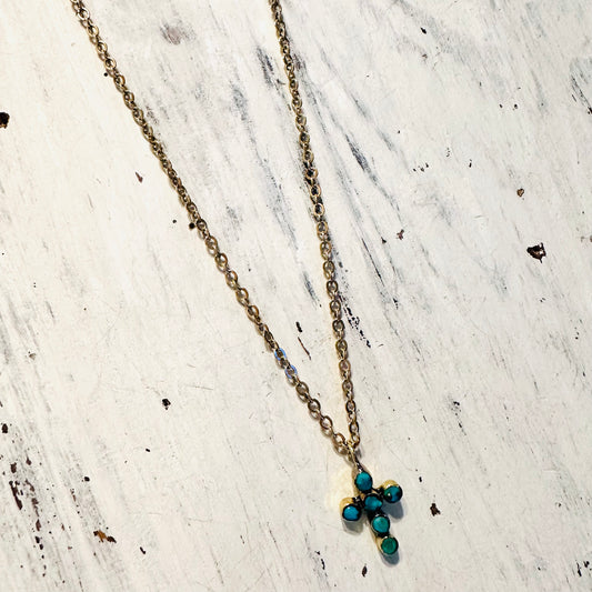 Brass & Turquoise Mini Bubble Cross Necklace