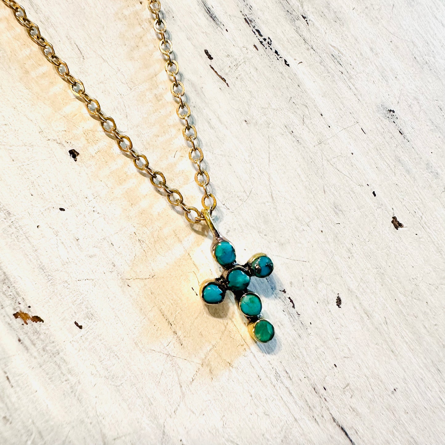 Brass & Turquoise Mini Bubble Cross Necklace