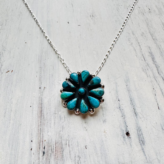 16" Sterling & Turquoise Flower Pendant Necklace