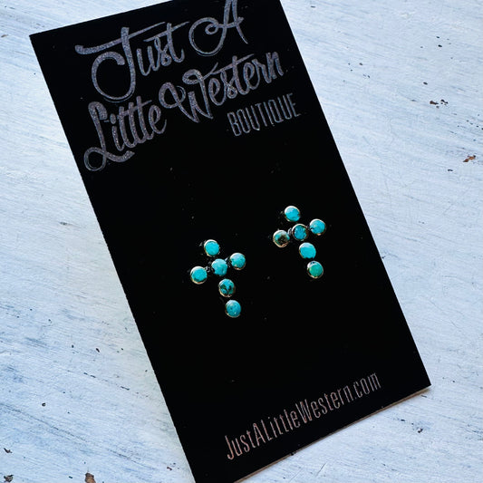 Brass & Turquoise Mini Cross Stud Earrings