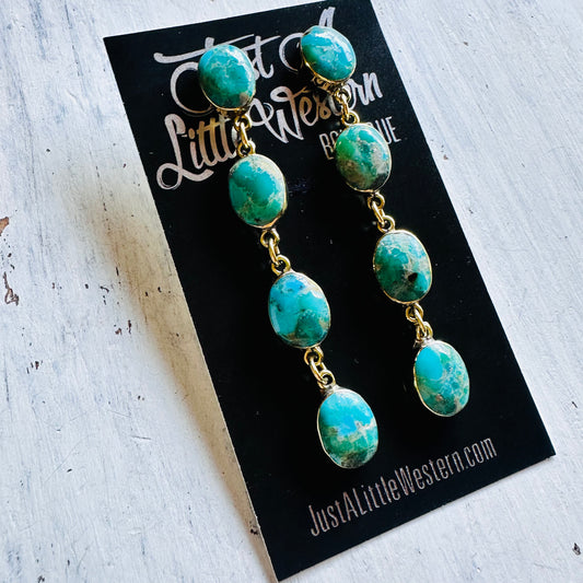 Brass & 4 Oval Turquoise Stone Post Earrings