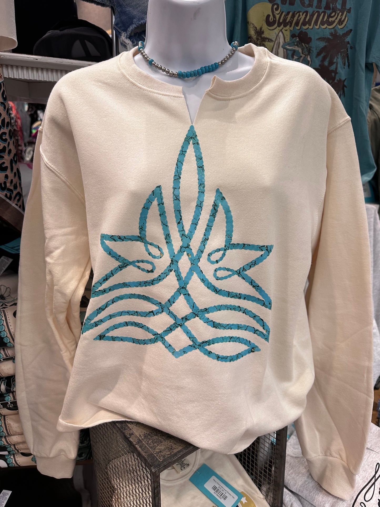 Turquoise Stone Boot Stitch Cream Sweatshirt