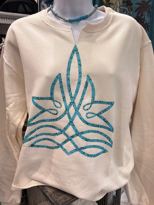 Turquoise Stone Boot Stitch Cream Sweatshirt