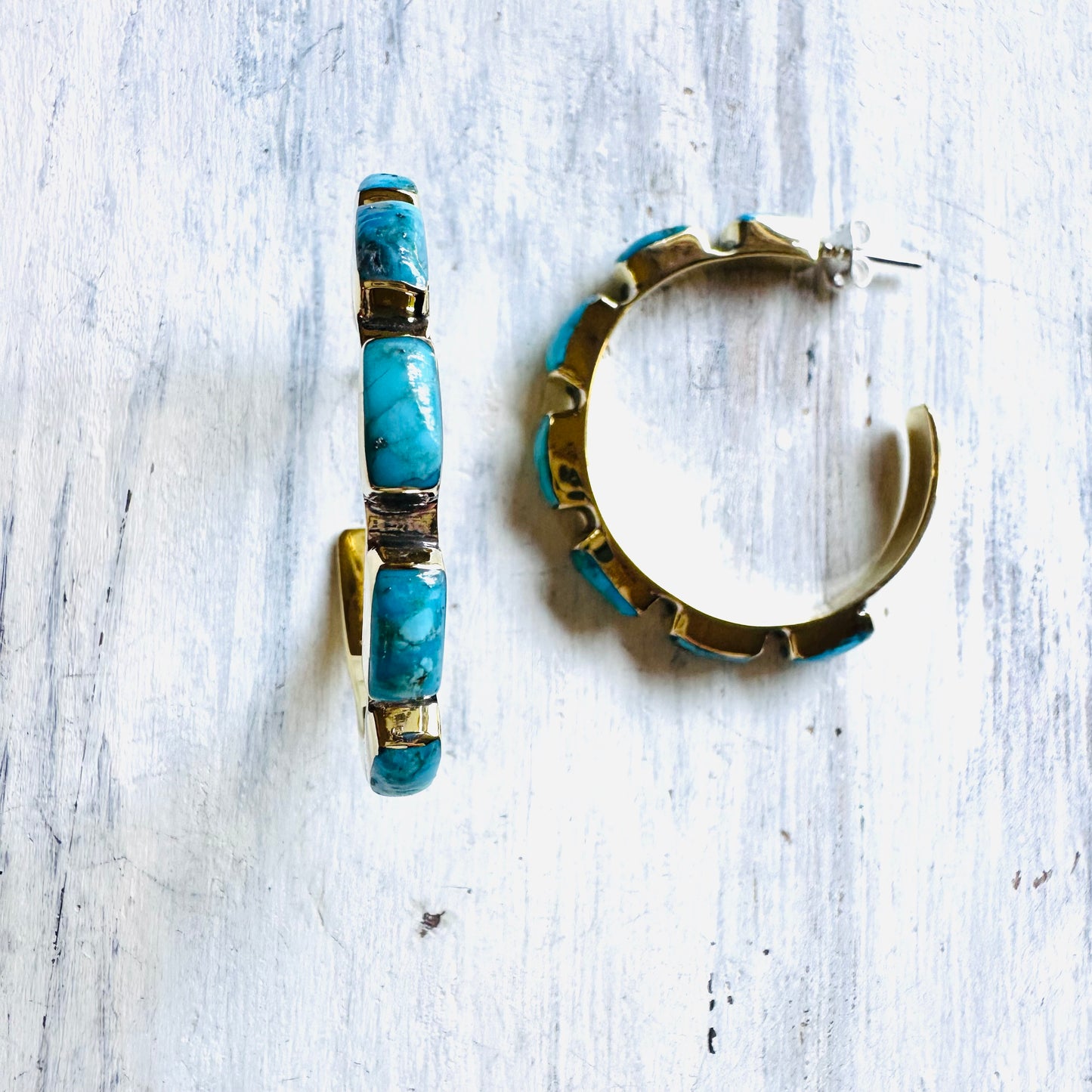 Brass & Turquoise Chicklet Hoop Earrings