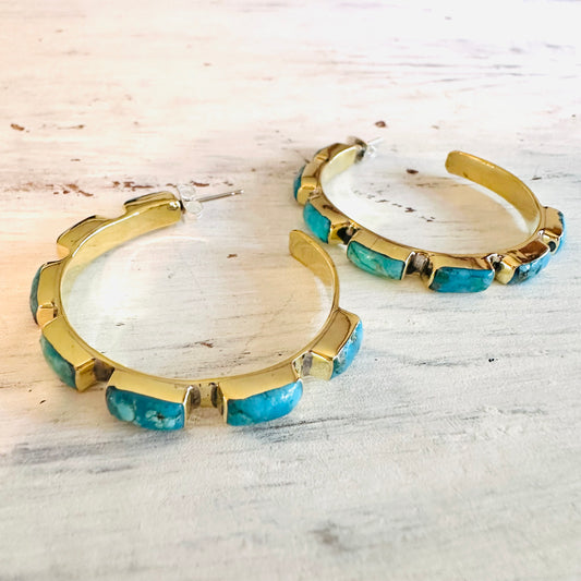 Brass & Turquoise Chicklet Hoop Earrings