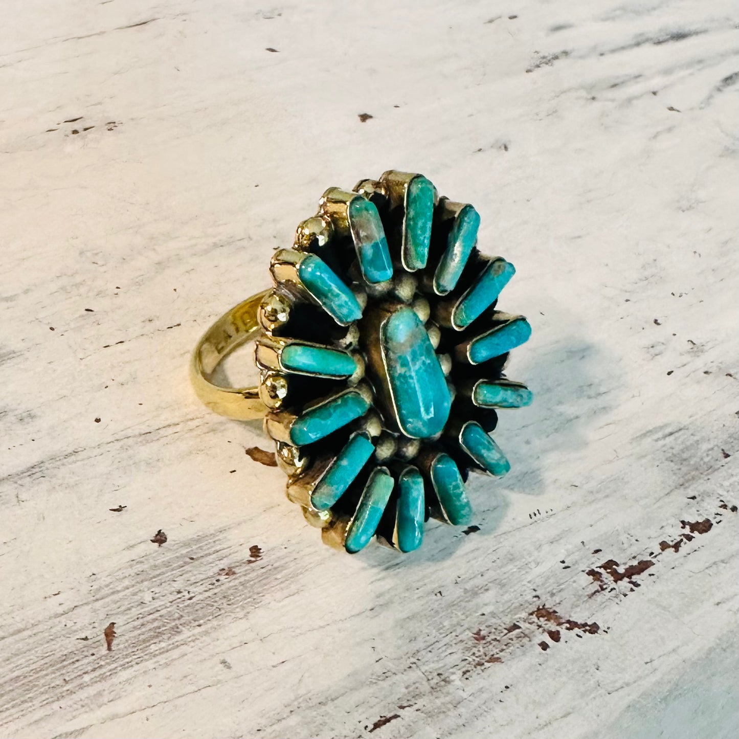 Brass & Turquoise Oval Cluster Adjustable Ring