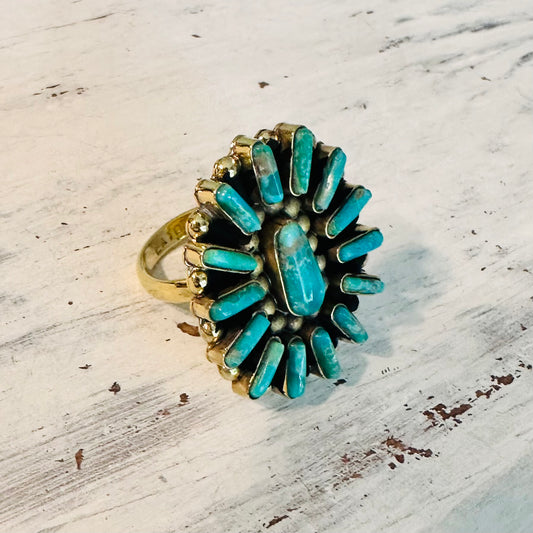 Brass & Turquoise Oval Cluster Adjustable Ring
