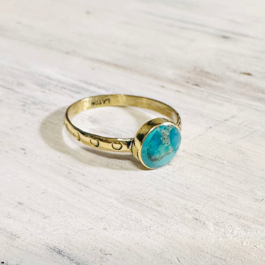 Brass & Turquoise Circle Stamped Stacker Ring