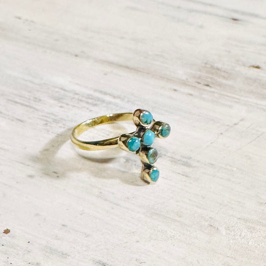 Brass & Turquoise Mini Bubble Cross Adjustable Ring