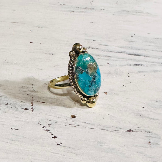 Brass & Turquoise Oval Ball Adjustable Ring
