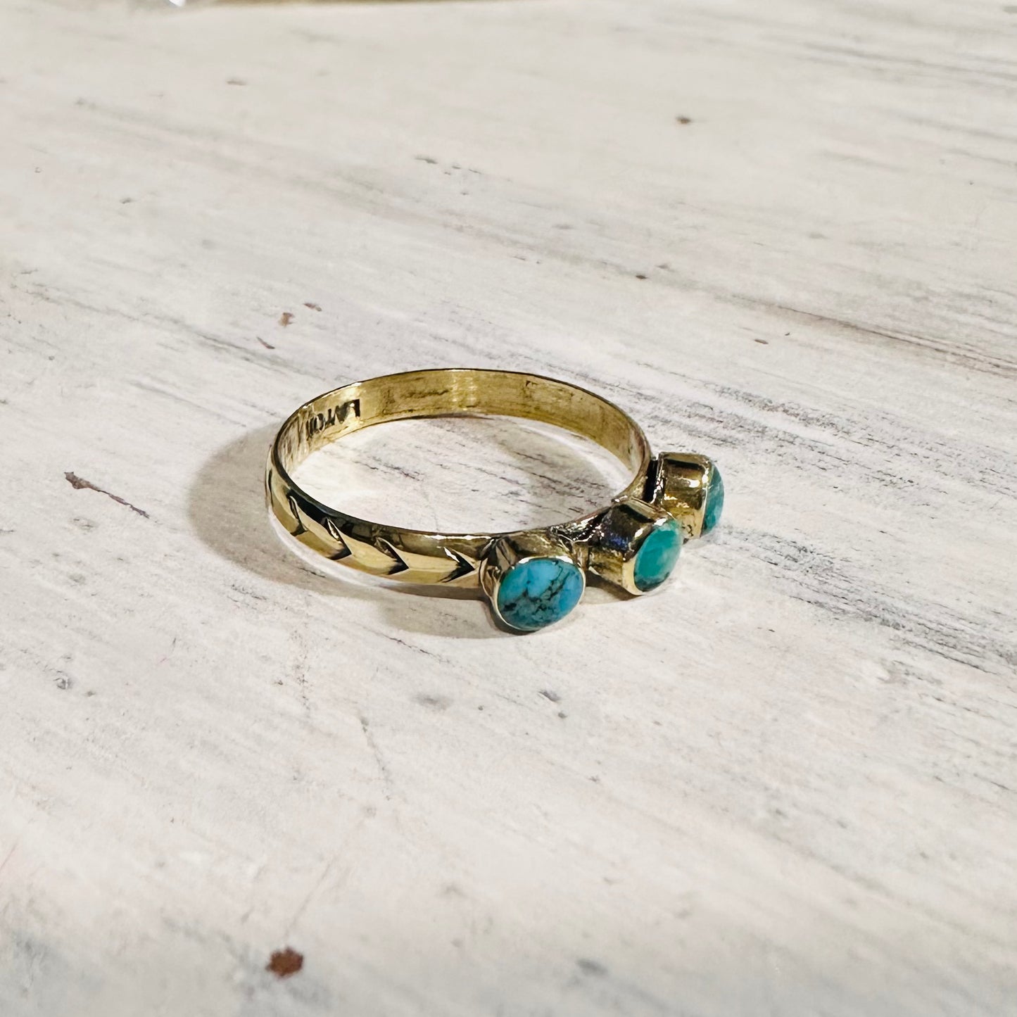 Brass Triple Turquoise Stamped Stacker Ring