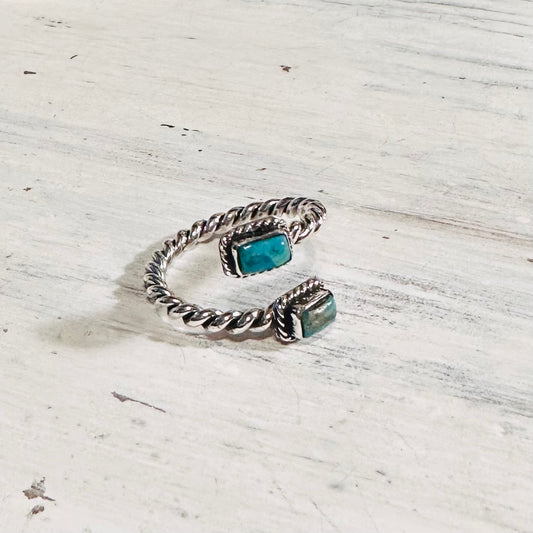 Sterling & Double Turquoise Cable Adjustable Ring