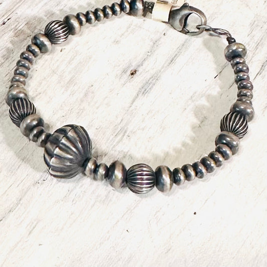 7" Sterling & Ribbed Beaded Bracelet