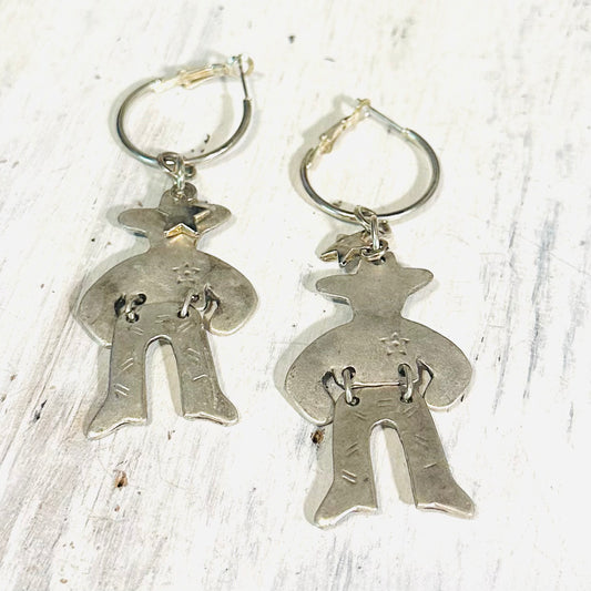 Silver Cowboy Dangle Hoop Earrings