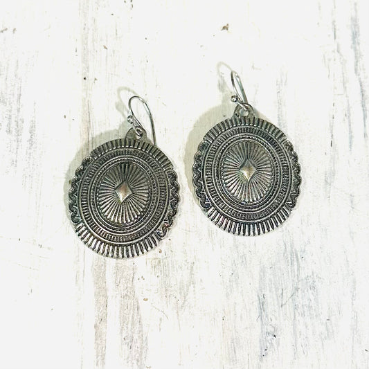 Burnished Silver Oval Concho Earrings