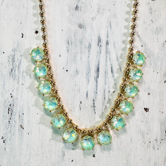 Gold Ball Bead & Iridescent Mint Crystal Necklace