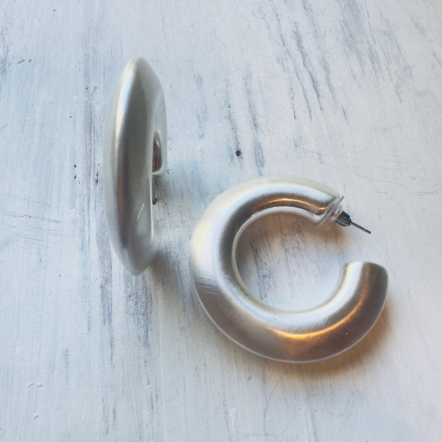 Chunky Matte Silver Hoop Post Earring