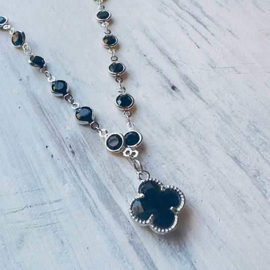 Black Crystal & Clover Necklace