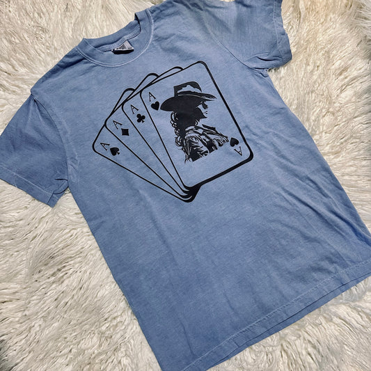 Washed Denim Cowgirl Cards Tee