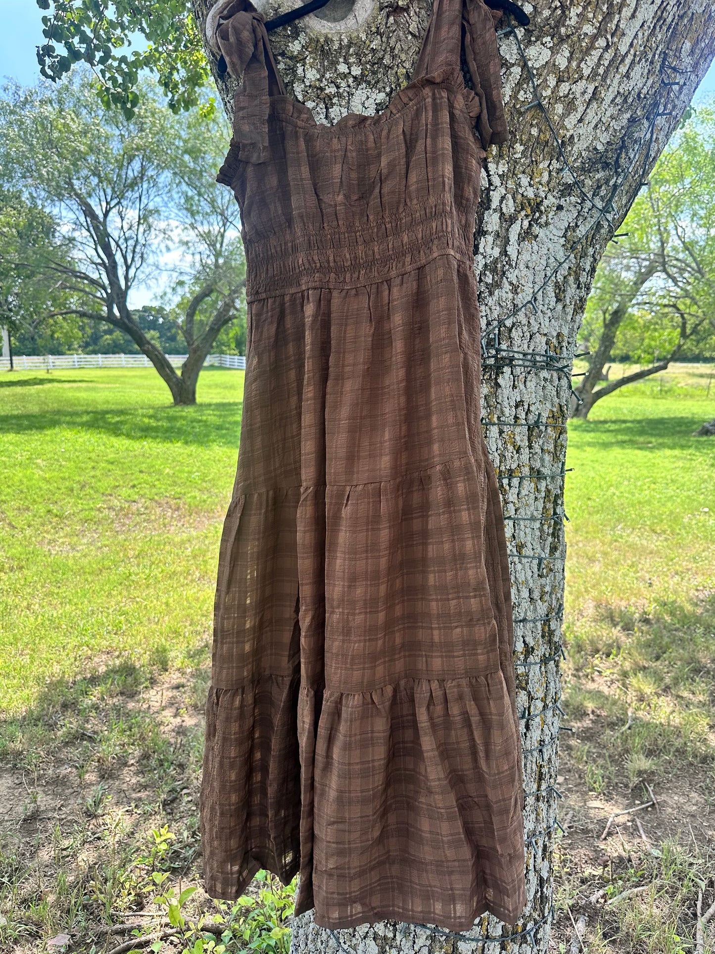 Brown Tie Strap Tiered Midi Lined Dress