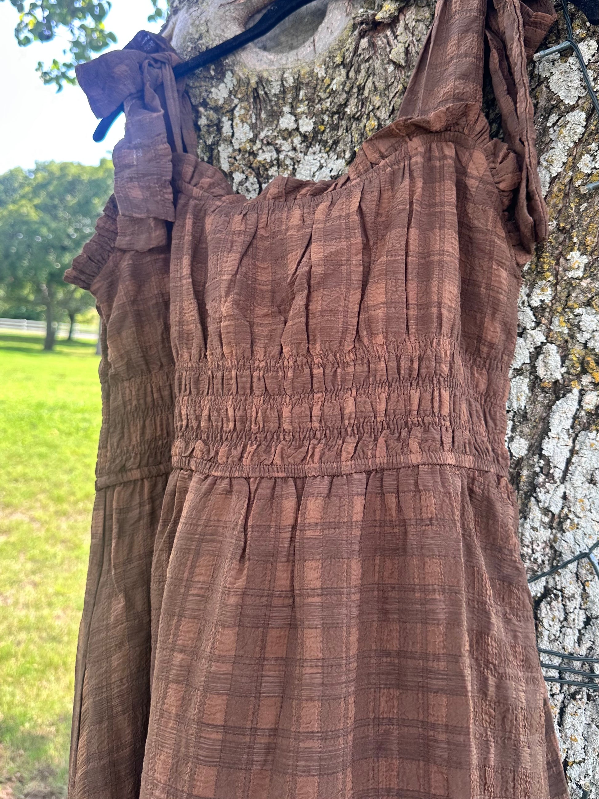 Brown Tie Strap Tiered Midi Lined Dress