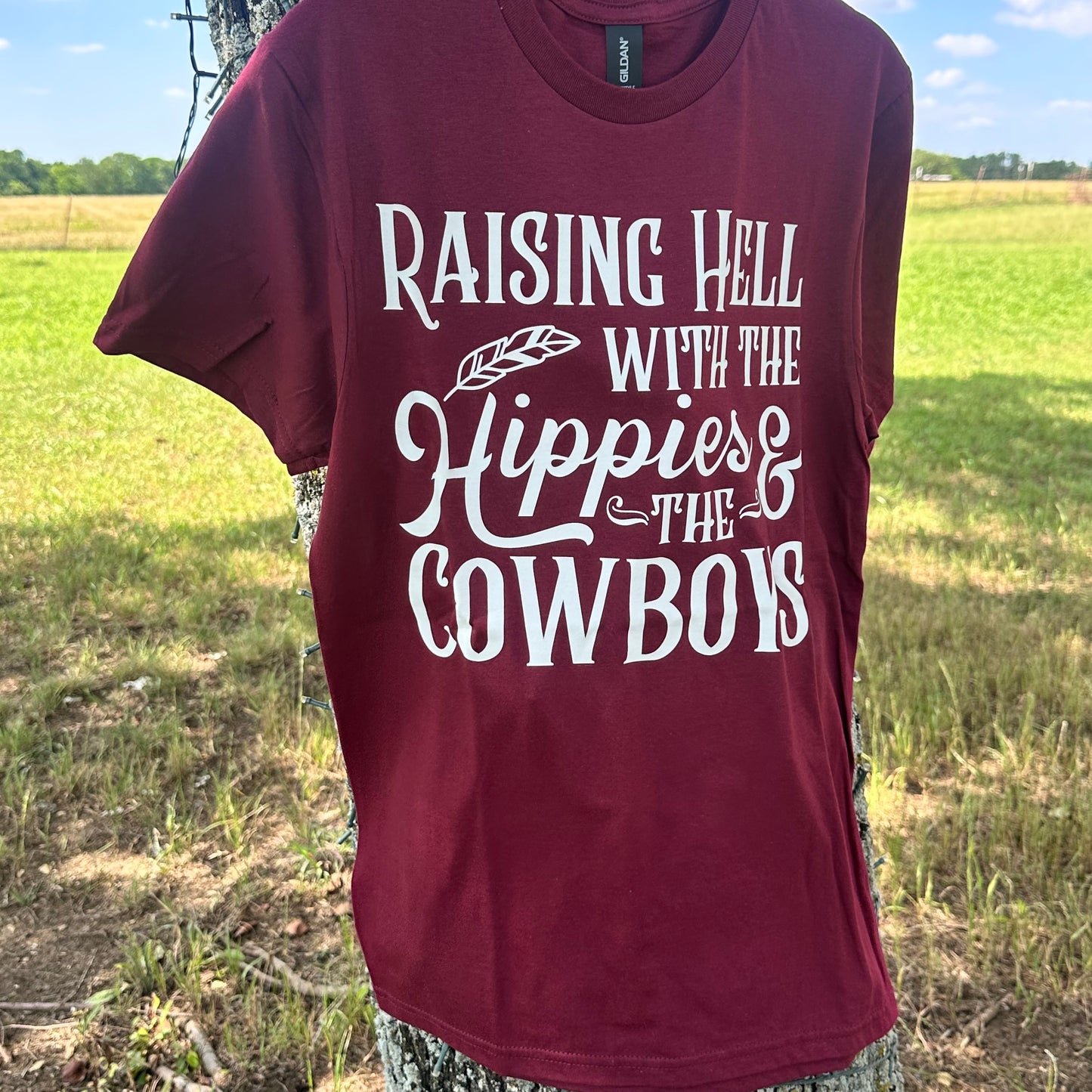 Raising Hell with Hippies & Cowboys Tee- Burgundy
