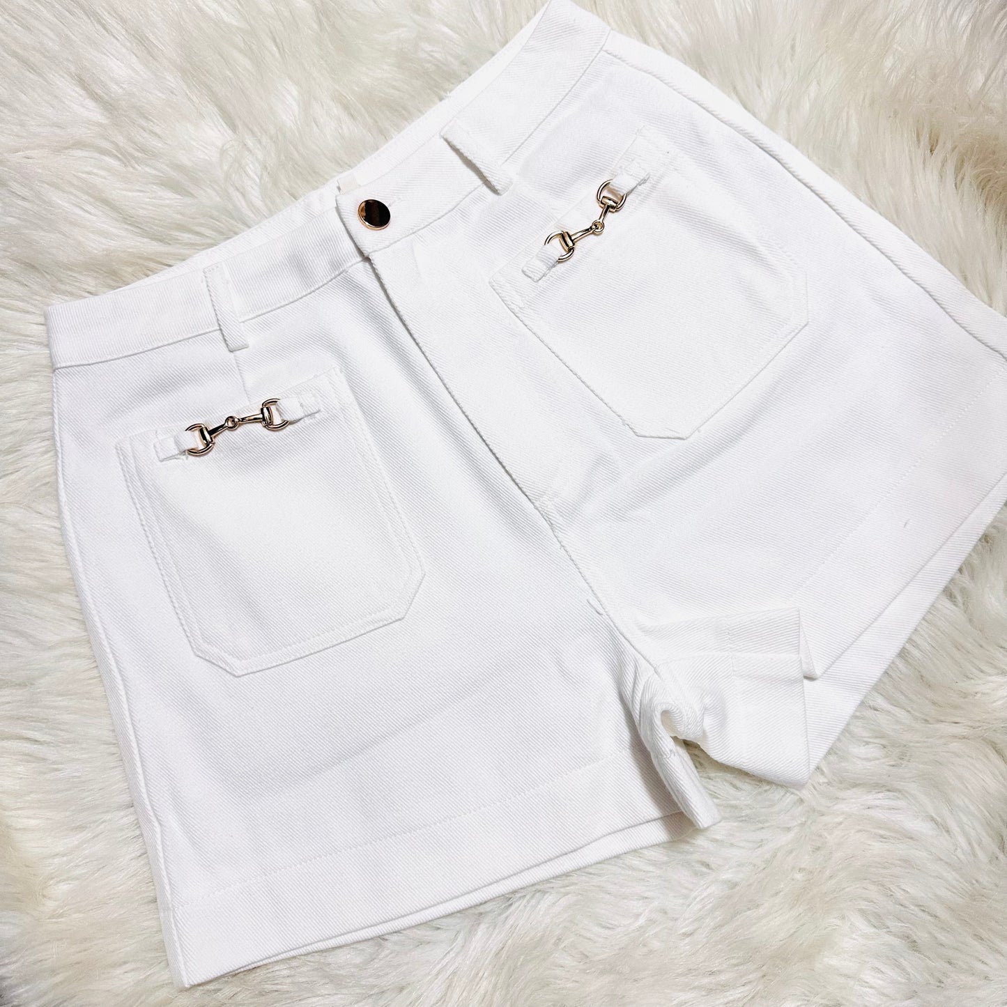 White Denim Shorts with Gold Bit Accents