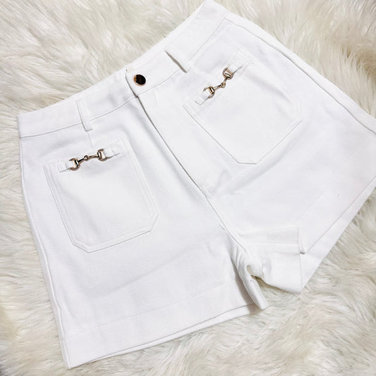White Denim Shorts with Gold Bit Accents