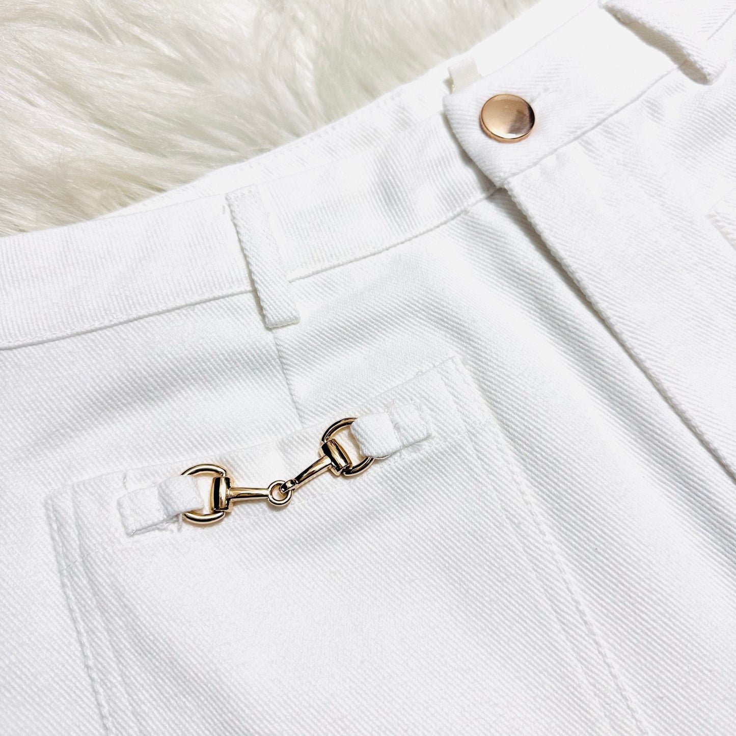 White Denim Shorts with Gold Bit Accents