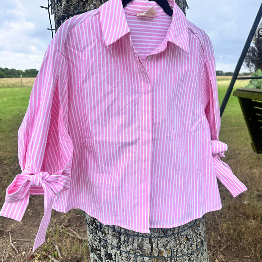 Stripe Woven Button Up Top with Tied Sleeves