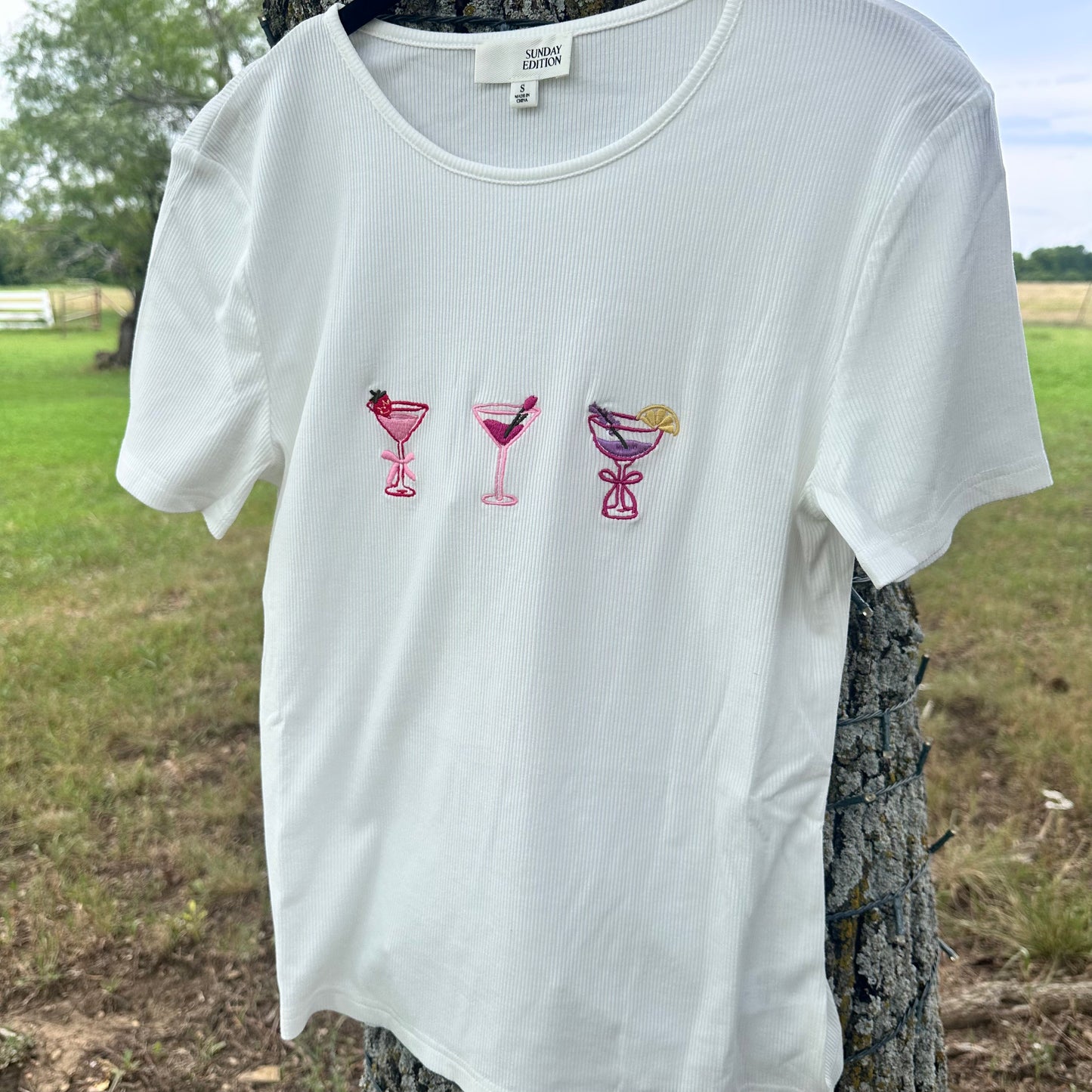 White Cocktail Embroidered Ribbed Top