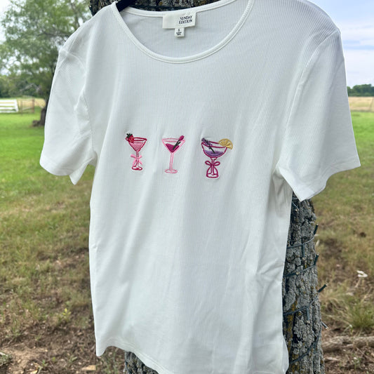 White Cocktail Embroidered Ribbed Top