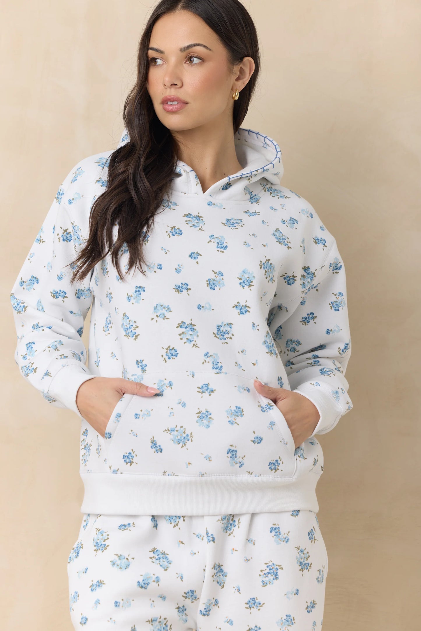 Blue Ditsy Floral Print Hoodie & Shorts Set