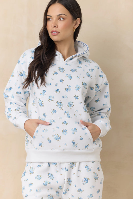Blue Ditsy Floral Print Hoodie & Shorts Set