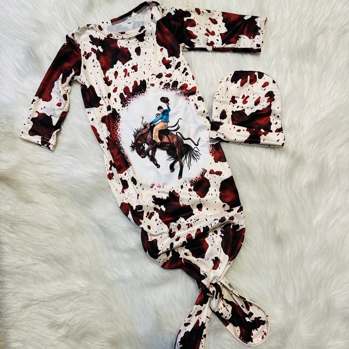 Bucking Bronc Cow Print Knotted Gown with Cap