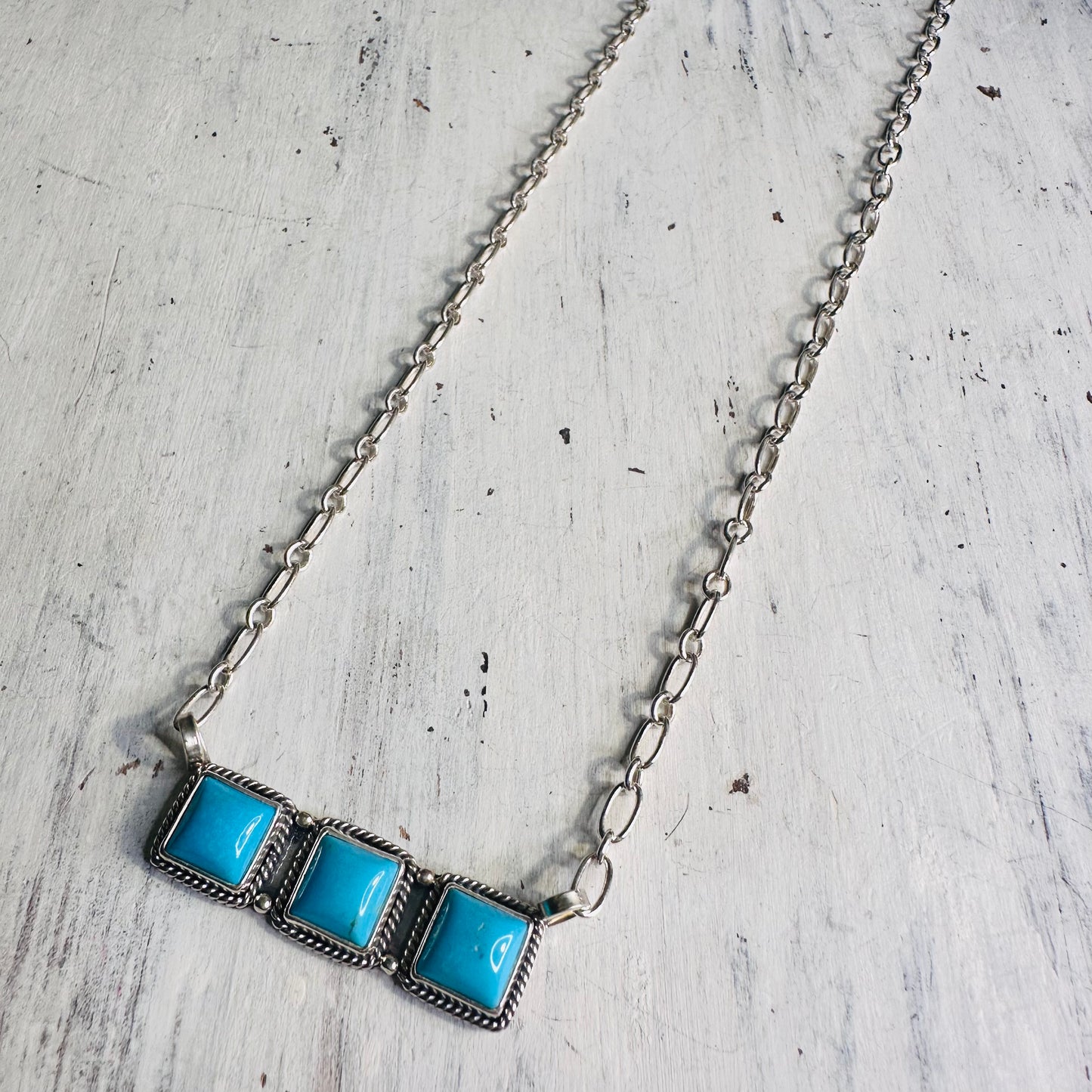 Sterling & 3 Turquoise Stone Rope Edge Bar Necklace