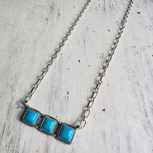 Sterling & 3 Turquoise Stone Rope Edge Bar Necklace