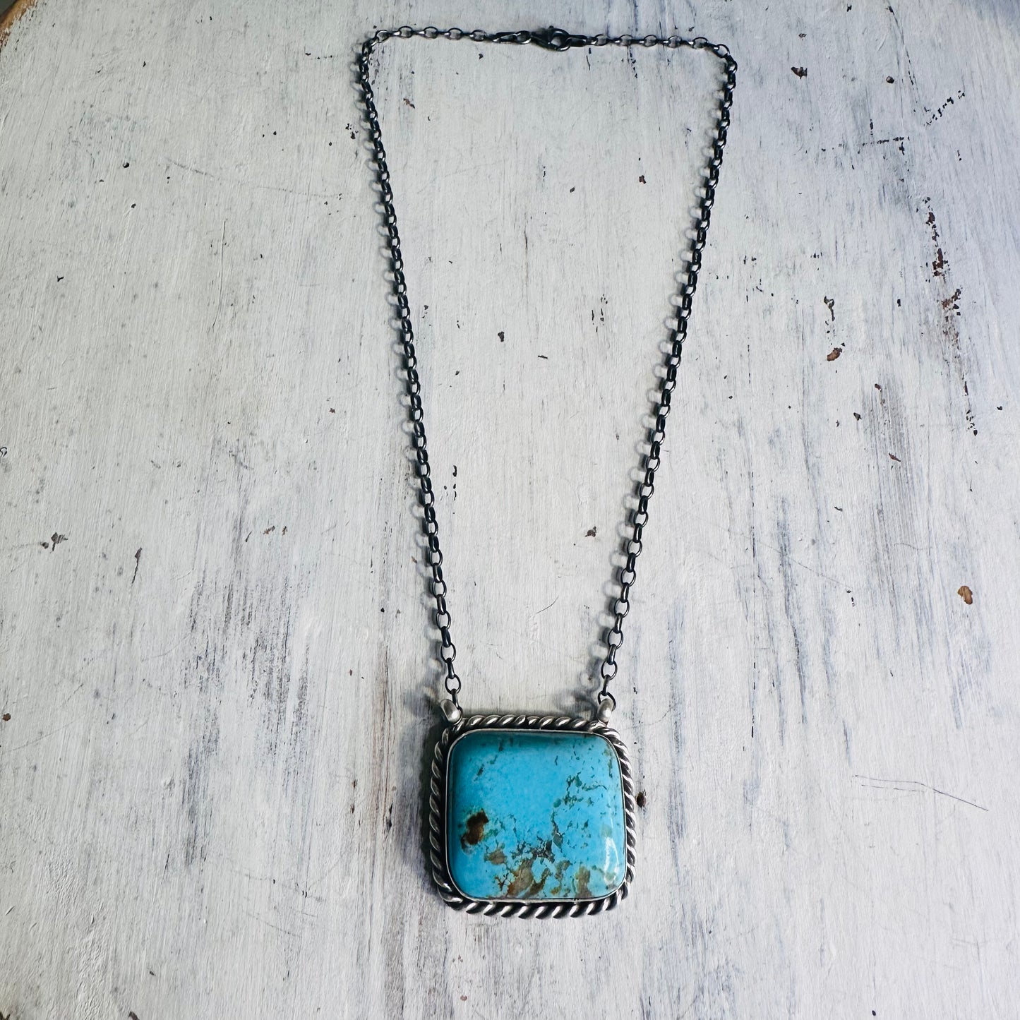 Sterling & Square Turquoise Rope Edge Necklace