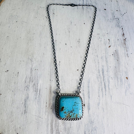 Sterling & Square Turquoise Rope Edge Necklace