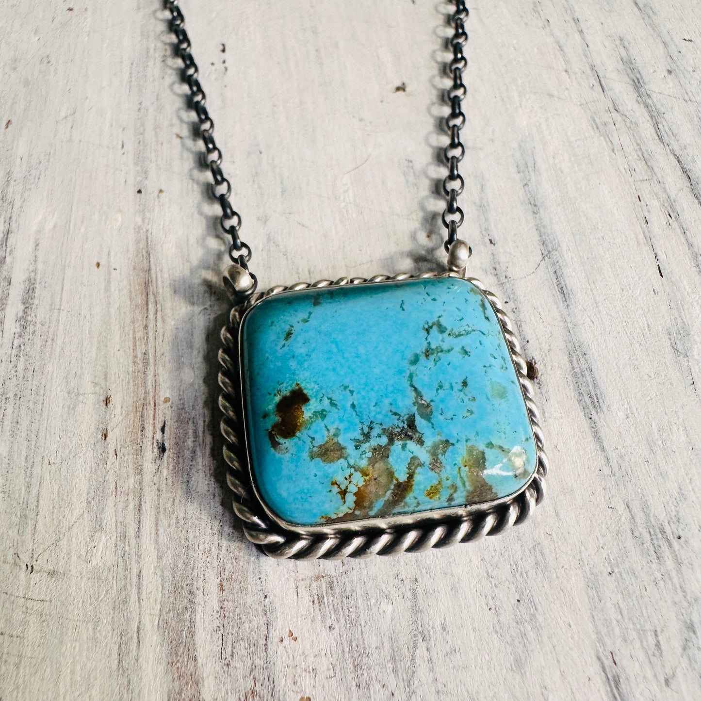 Sterling & Square Turquoise Rope Edge Necklace