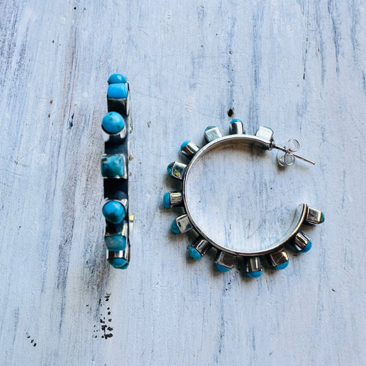Sterling & Turquoise Dot-Square Hoop Post Earring
