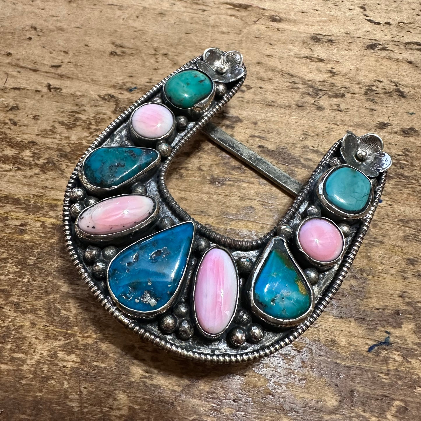 Turquoise Teardrop & Pink Stone Coin Silver Belt Buckle