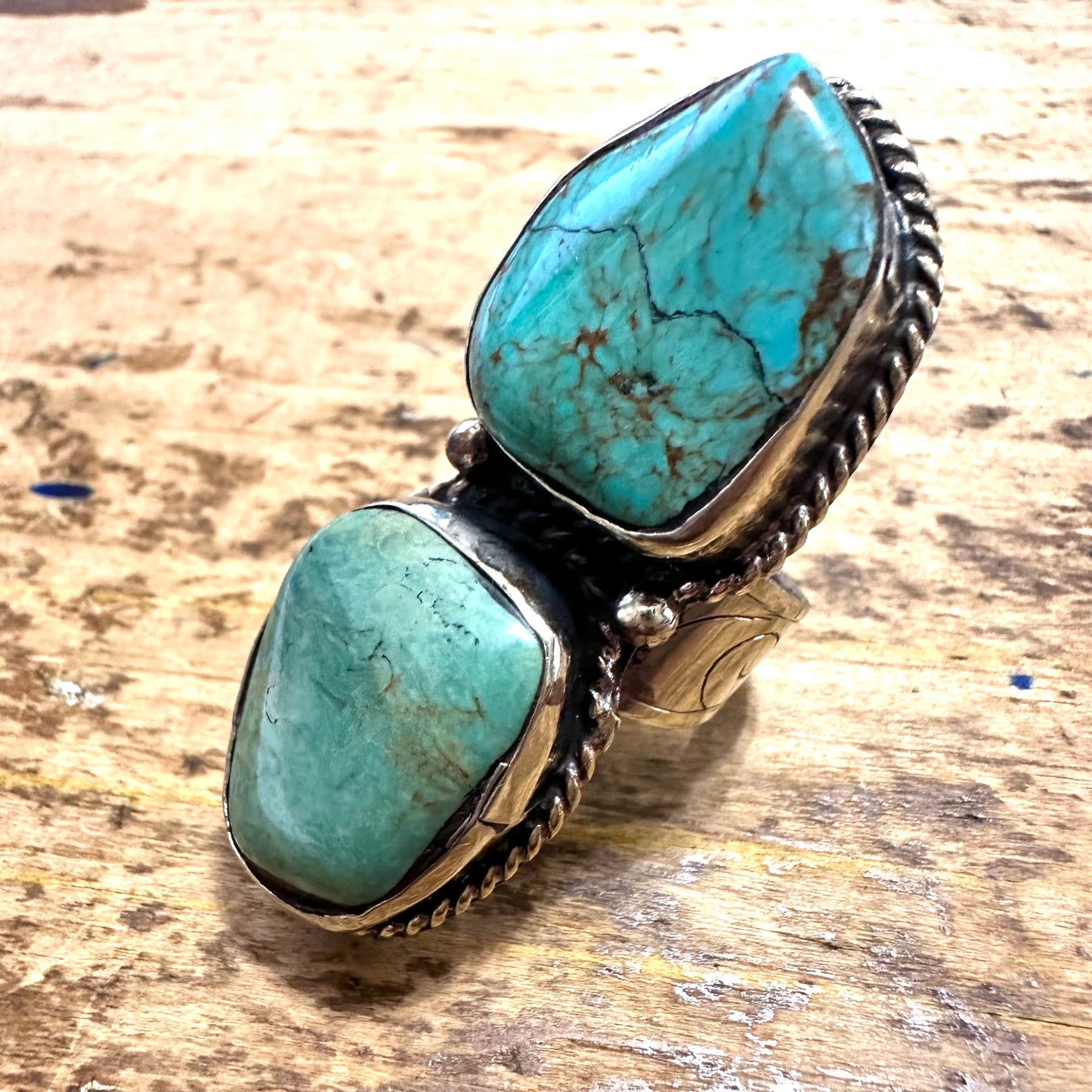 Double Turquoise Stone Coin Silver Ring