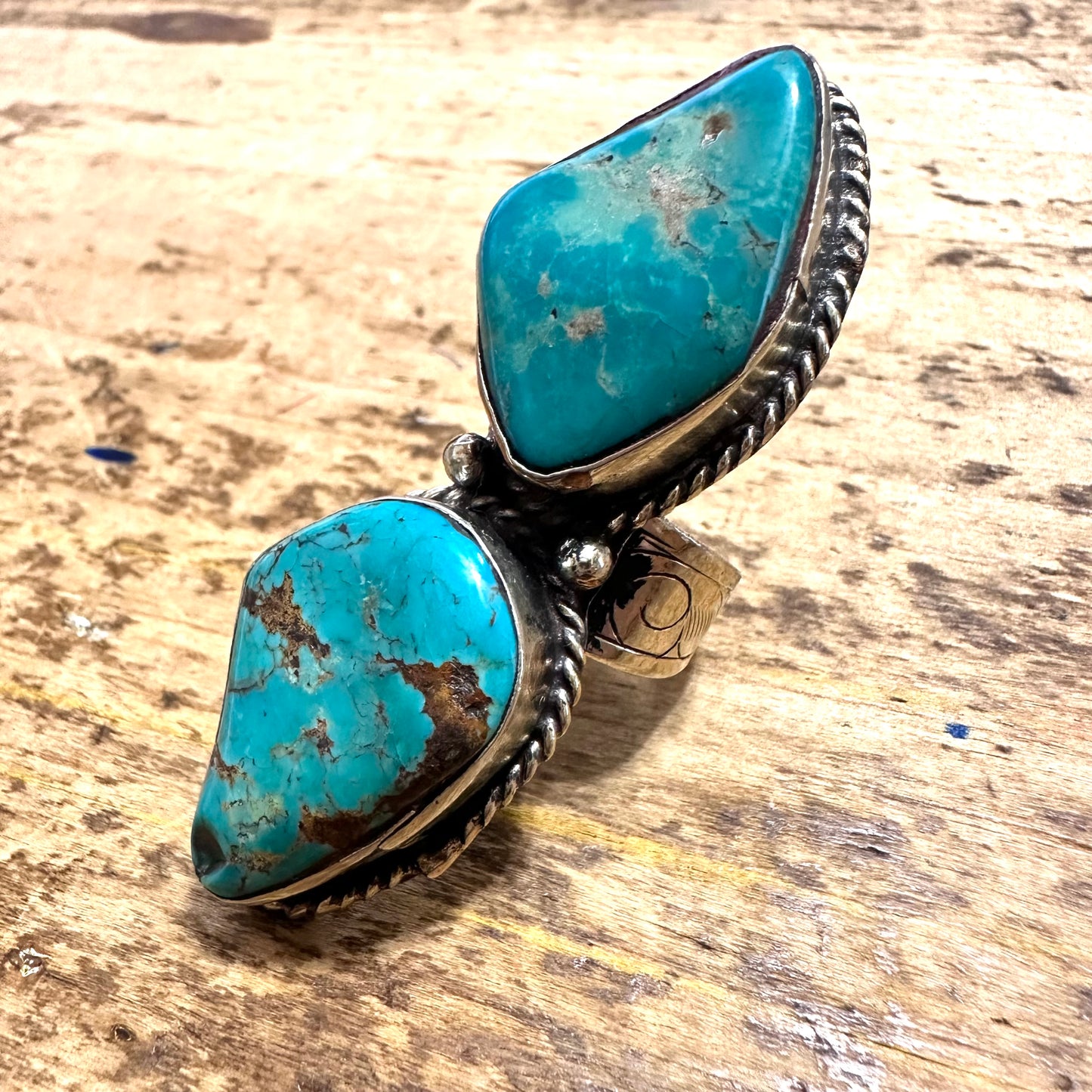 Double Natural Turquoise Stone Coin Silver Ring